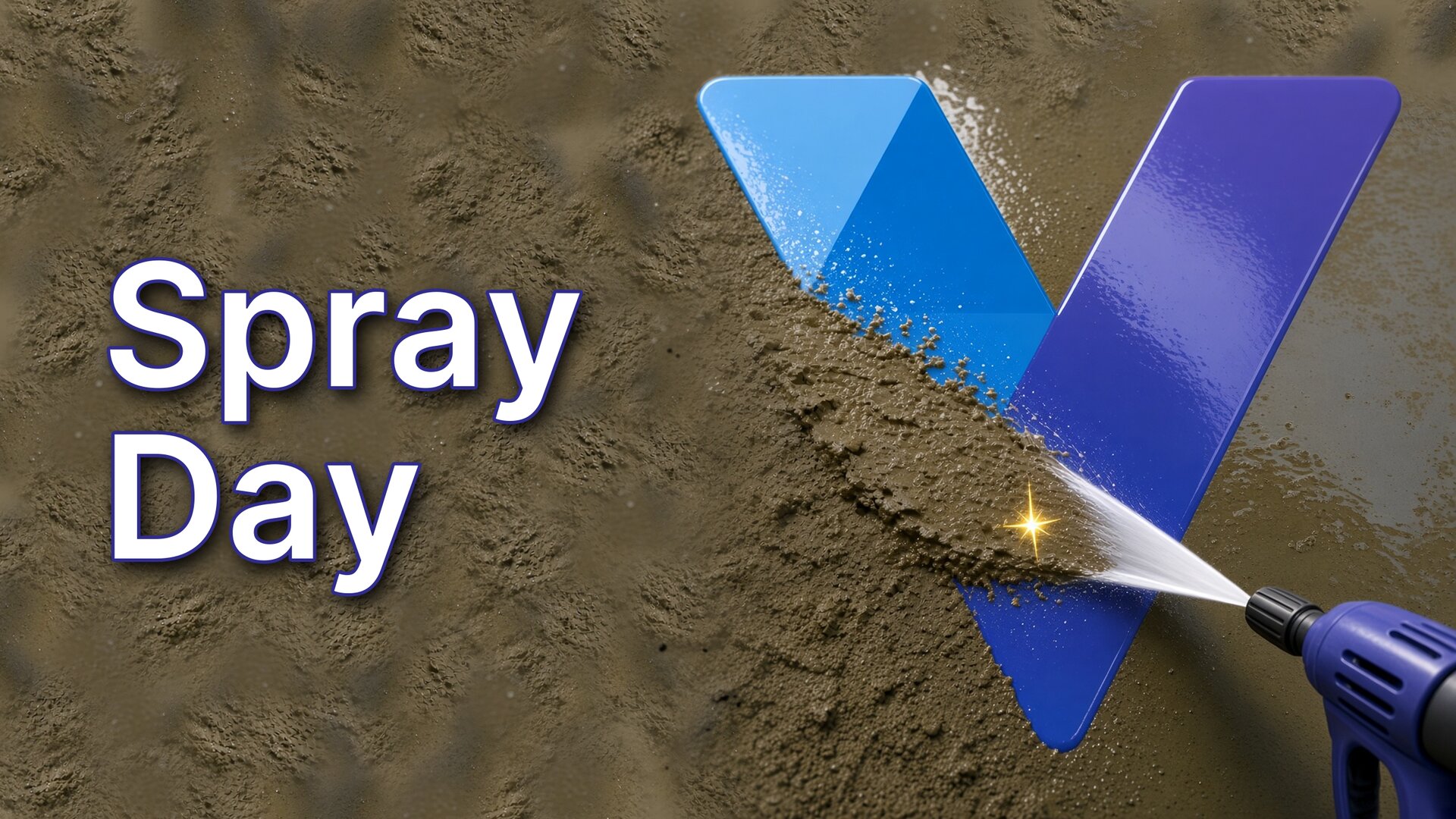 Spray Day title in white on a mud-covered wall beside a large blue V logo. A purple pressure-washer wand at the lower right blasts a jet of water across the V, stripping off a band of mud and leaving the logo glossy.