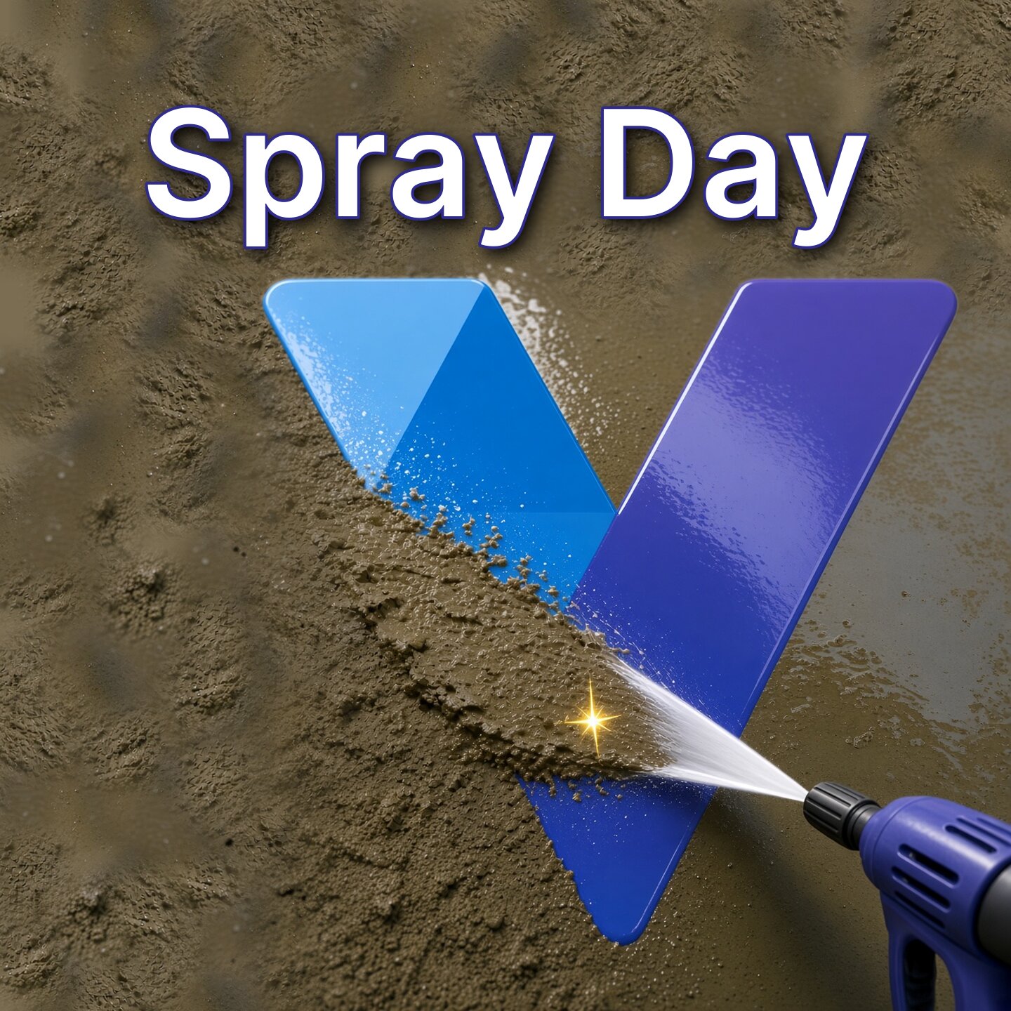 Spray Day title above a big blue V logo whose lower half is still caked in mud, with a pressure-washer jet from the lower right cutting a clean, sparkling stripe through the grime.