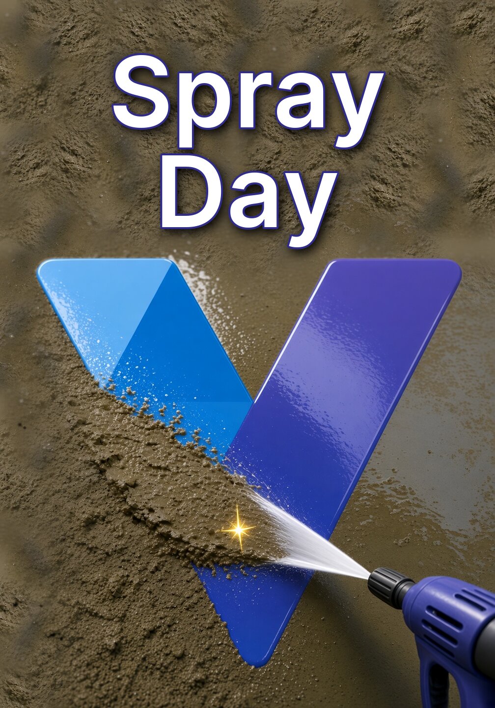 Tall Spray Day cover: the title at the top of a muddy wall, and below it a blue V logo being uncovered by a water jet from a purple pressure-washer wand.