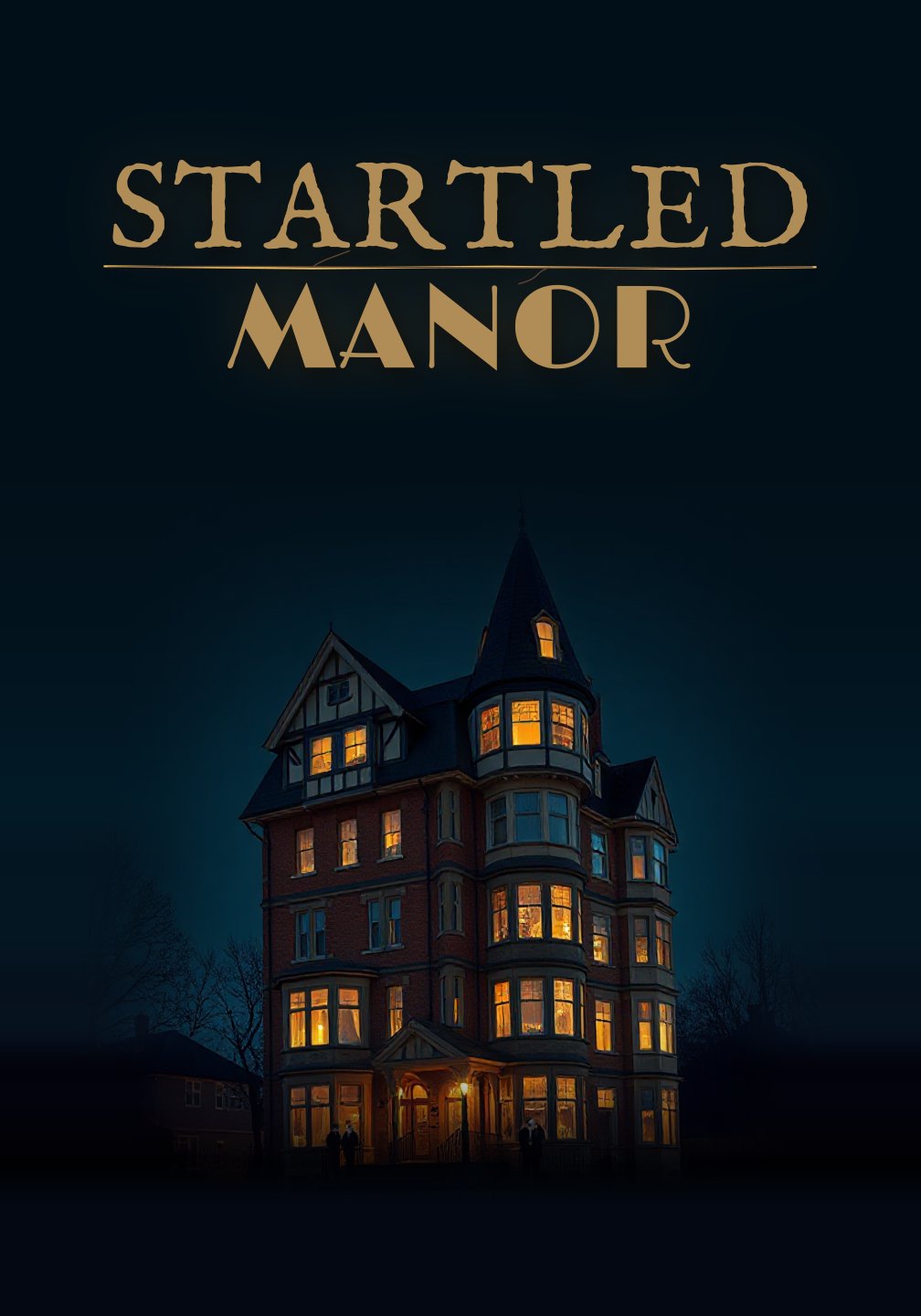 Tall Startled Manor cover: the gold title at the top of a dark sky, and below it a towering red-brick manor with candlelit windows and a pointed turret.