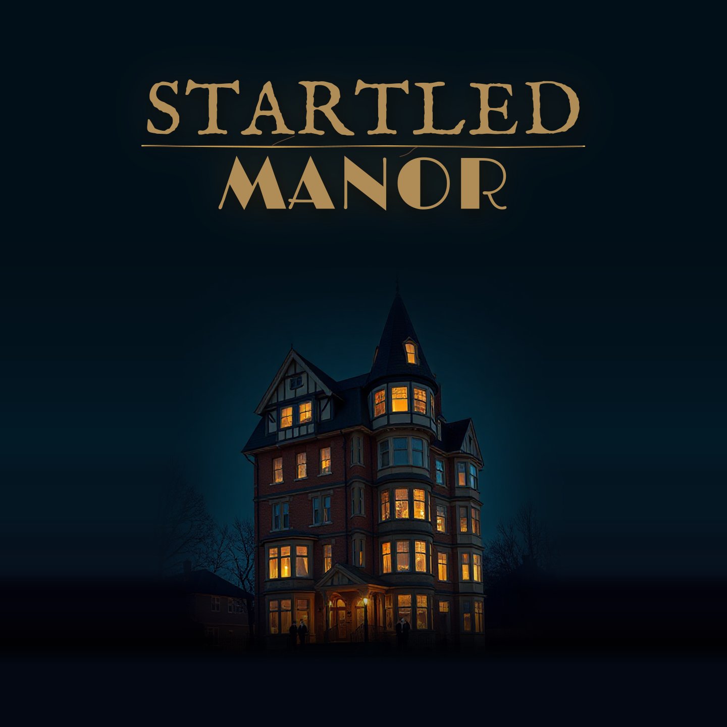 Startled Manor title in gold above a tall red-brick manor at night, its turret, bay windows and front porch glowing with warm light against a deep blue sky and bare trees.